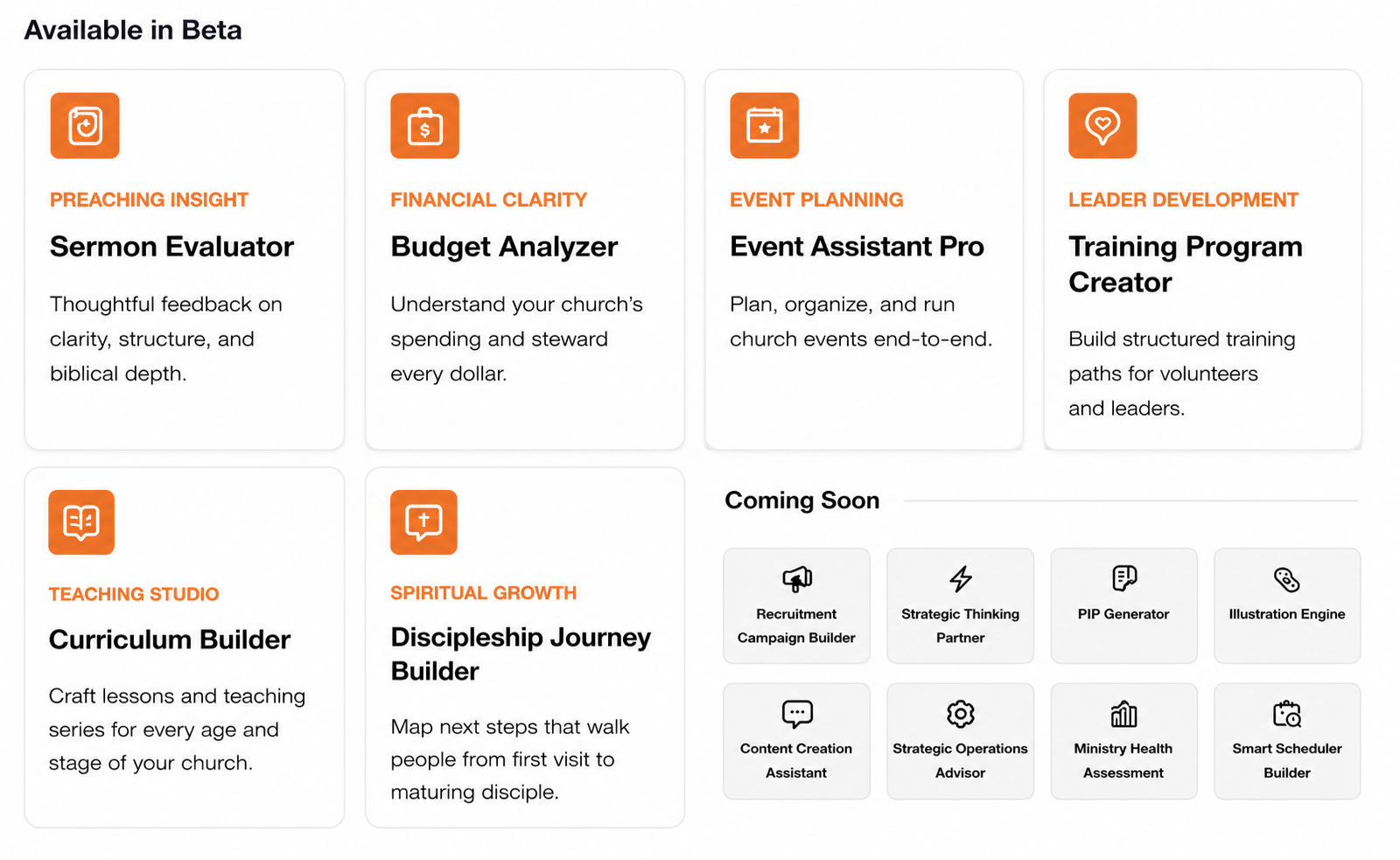 Available in beta and coming soon — ChurchHub platform overview