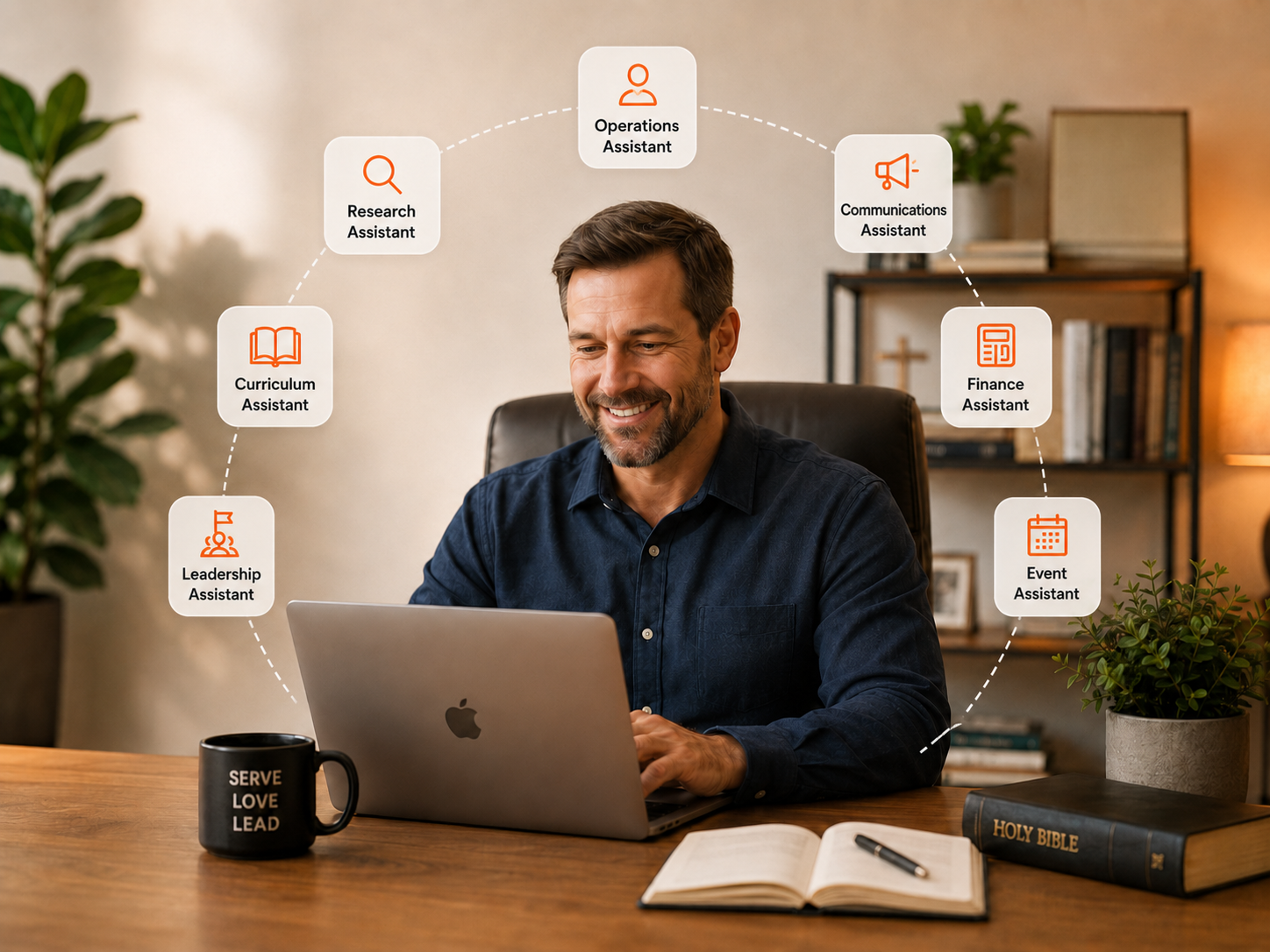 A church leader working at a laptop, surrounded by ChurchHub's digital assistants: Executive, Communications, Research, Writing, Event, Training, and Volunteer Assistants.